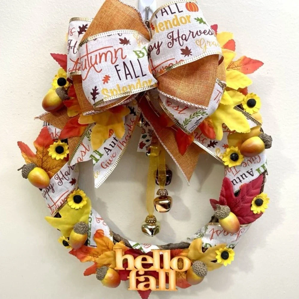 New‎ Hand Made Autumn Wreath Hello Fall Acorns Sunflowers Bells Bow